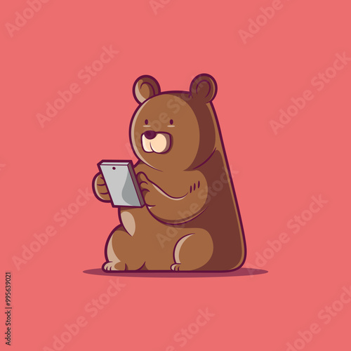 A Bear character using a smartphone vector illustration. Tech, mascot design concept.