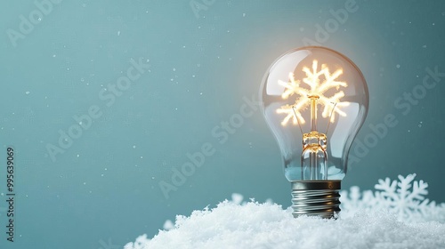 Electric light bulb surrounded by softly glowing snowflakes, radiating a warm ambient light, representing warmth amidst the cold of winter
