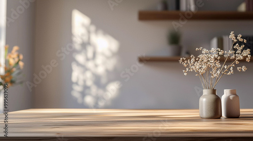 Wooden table in modern living room with vase of dried flowers. Horizontal table mock up with copy space for your text