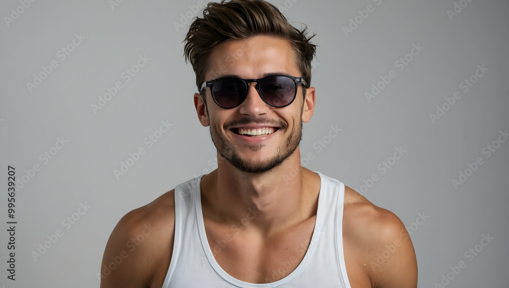 Summer Vibes: A happy, handsome man smiles radiantly while wearing stylish sunglasses and a white tank top. A perfect image for summer fashion or lifestyle blogs. Summer Vibes: A happy, handsome man smiles radiantly while wearing stylish sunglasses and a white tank top. A perfect image for summer fashion or lifestyle blogs.