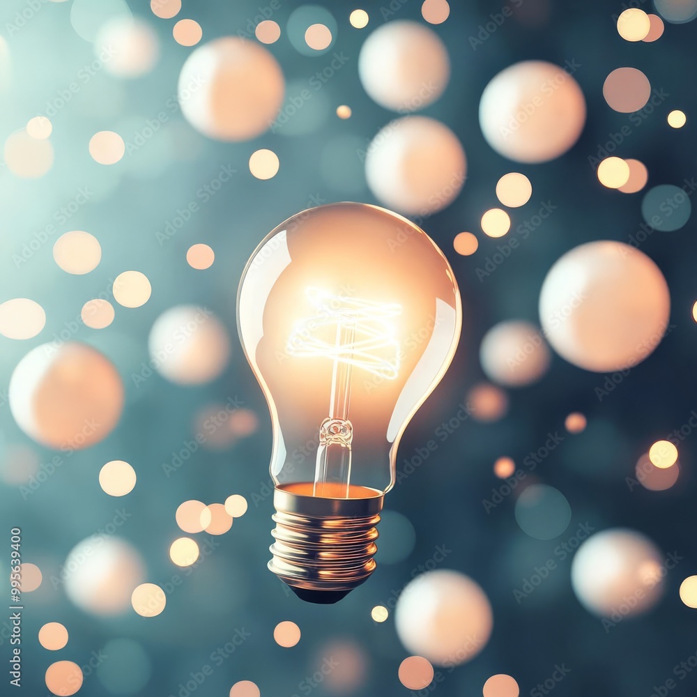 Electric light bulb surrounded by floating orbs of light, ambient glow creating a mystical, otherworldly atmosphere, symbolizing inspiration Electric light bulb surrounded by floating orbs of light, ambient glow creating a mystical, otherworldly atmosphere, symbolizing inspiration