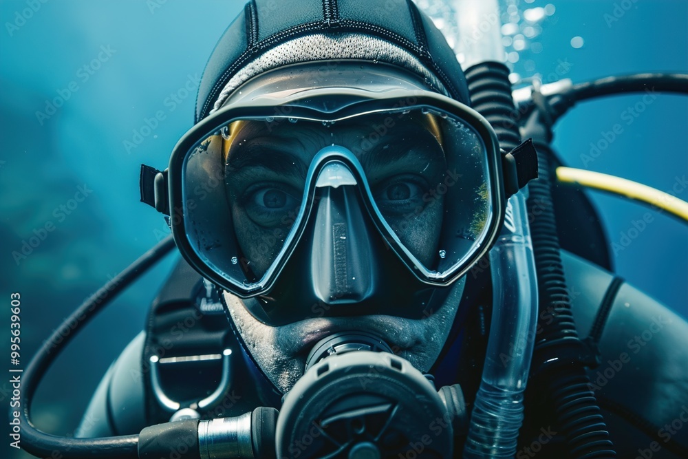 A scuba instructor in a diving suit and mask, their body language showing confidence and readiness as they prepare to guide a group underwater. A scuba instructor in a diving suit and mask, their body language showing confidence and readiness as they prepare to guide a group underwater.