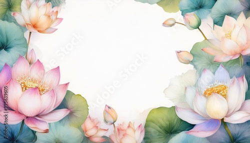watercolor pastel lotus flower frame, flower around frame, white color free space for your text and advertising. for banner for invitation, greeting cad, wedding decor. Spa, meditation center poster.