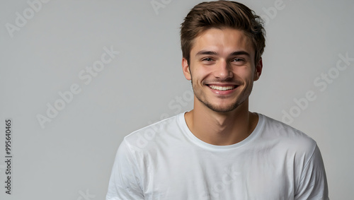 Smiling Young Man: Portrait of a happy, handsome young man in a white t-shirt against a gray background. He exudes confidence and positive energy.