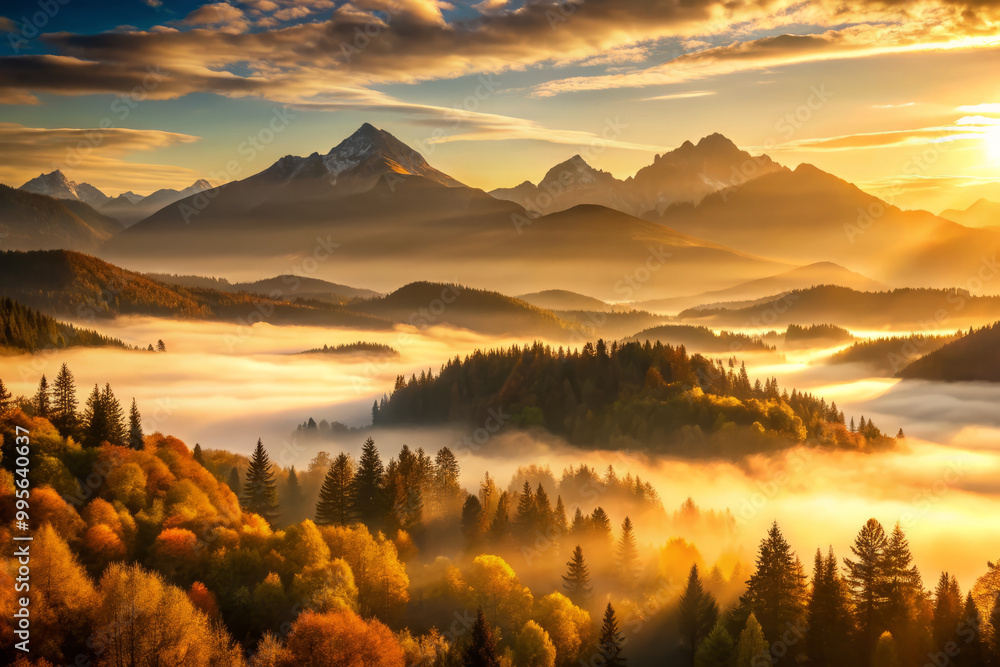 Fototapeta premium breathtaking view of misty mountain valley at sunrise, where morning light gently illuminates landscape, revealing vibrant autumn colors and serene fog