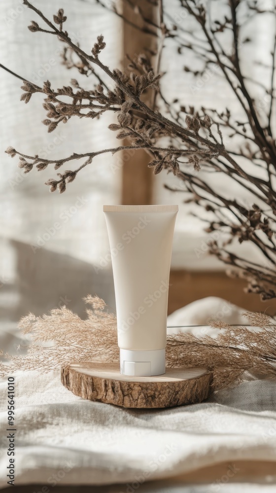 Scandinavian cosmetic tube mockup on wooden stand with dried branches, neutral beige tones, natural aesthetic, minimalist skincare packaging, rustic background Scandinavian cosmetic tube mockup on wooden stand with dried branches, neutral beige tones, natural aesthetic, minimalist skincare packaging, rustic background