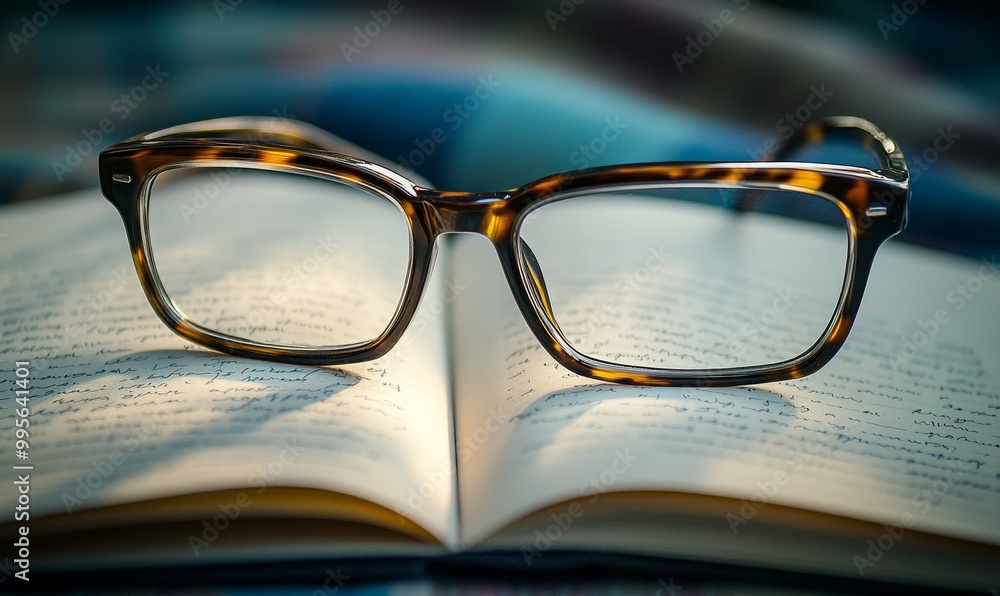 Glasses resting on open book with writing. Glasses resting on open book with writing.