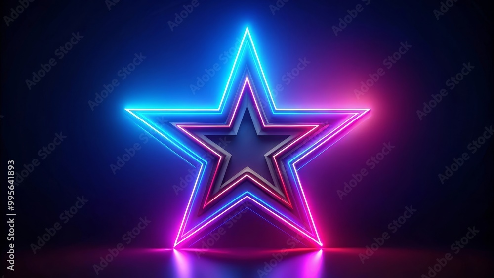 Neon star is shining brightly with blue and orange lights and casting reflections on the floor Neon star is shining brightly with blue and orange lights and casting reflections on the floor