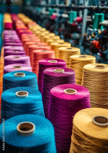Large spools of dyed yarn arranged in a textile factory, with multiple colors ready for weaving, set against the background of machinery and an empty space on top for writing,