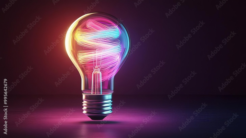 Electric light bulb with a swirling vortex of colors inside, glowing in an ambient dark room, representing the chaos and beauty of creativity Electric light bulb with a swirling vortex of colors inside, glowing in an ambient dark room, representing the chaos and beauty of creativity