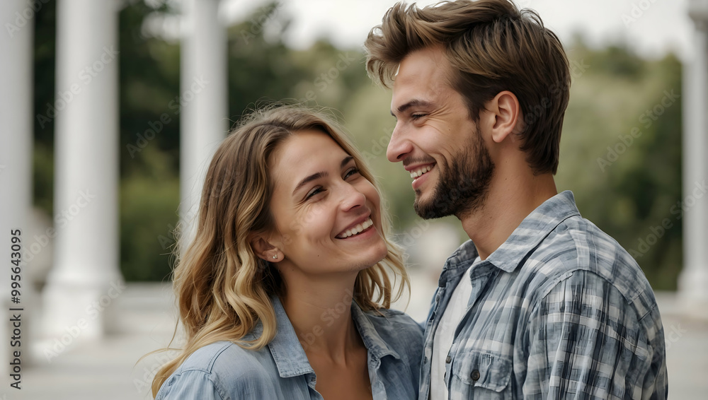 Naklejka premium In Love's Embrace: A young couple, their eyes locked in a tender gaze, share a moment of genuine connection, their smiles radiating warmth and affection. Capturing the essence of love and intimacy.