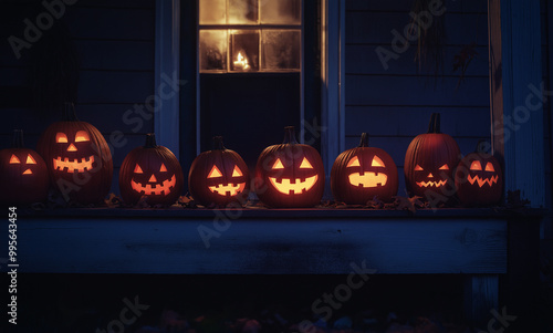 A row of various sized carved Hallowe'en Pumpkins with different facial expressions glowing in the dark.