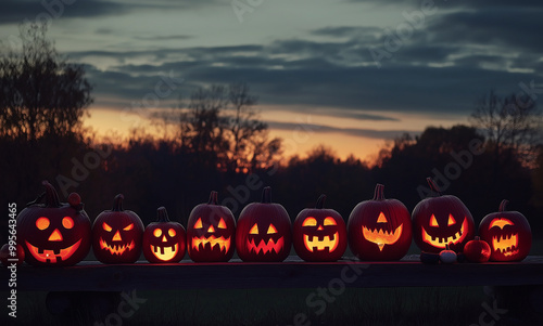 A row of various sized carved Hallowe'en Pumpkins with different facial expressions glowing in the dark.