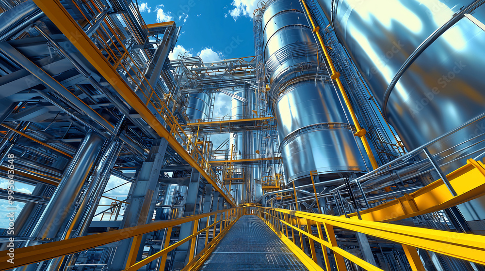 Modern Industrial Facility with Shiny Metal Tanks and Walkways Modern Industrial Facility with Shiny Metal Tanks and Walkways