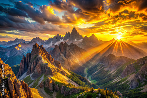 Breathtaking sunrise over majestic mountains unfolds as kaleidoscope of colors, illuminating rugged peaks and lush valleys below, creating serene and awe inspiring landscape