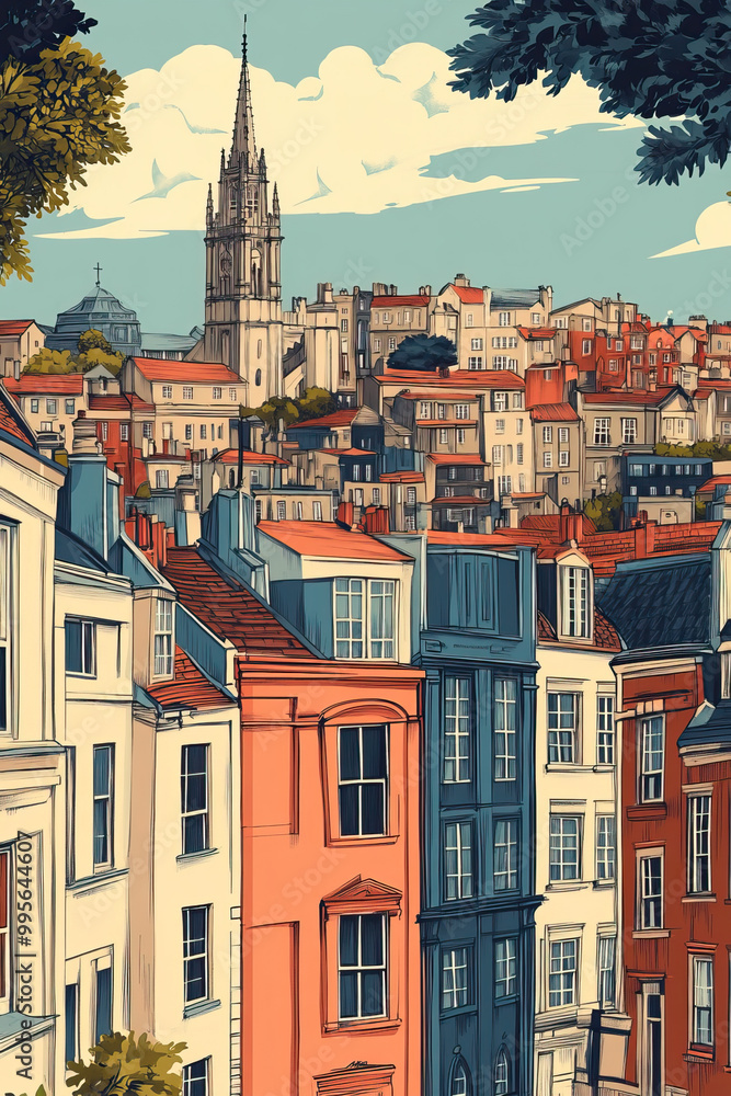 Obraz premium Bristol, United Kingdom, color pen pencil hand-drawn effect drawing illustration for travel poster, card, wallpaper, backdrop or banner. Modern, clear, artistic and simple