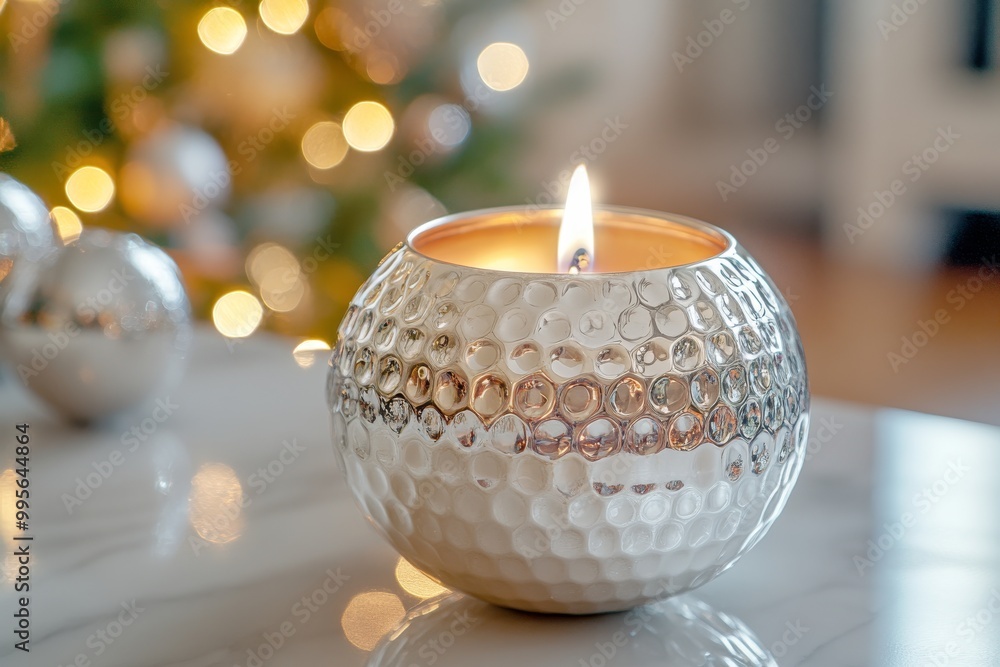 A silver decorative candle holder with a single white candle glowing warmly on a holiday table surrounded by festive decorations A silver decorative candle holder with a single white candle glowing warmly on a holiday table surrounded by festive decorations