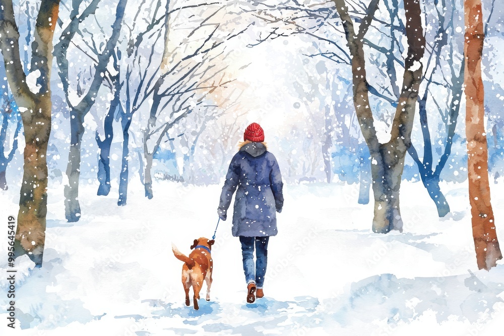 A serene winter scene of a person walking a dog on a snowy path surrounded by trees, evoking tranquility and warmth. A serene winter scene of a person walking a dog on a snowy path surrounded by trees, evoking tranquility and warmth.