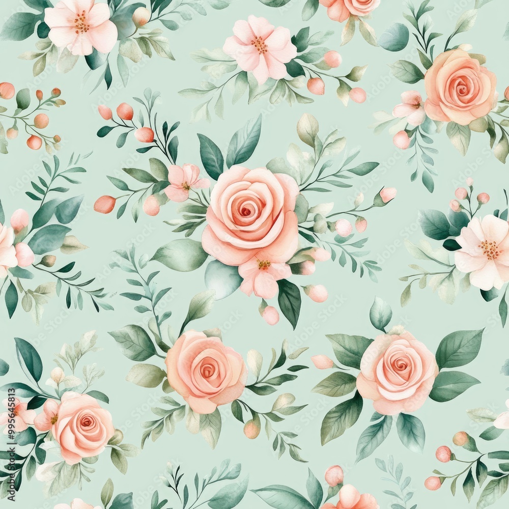 Fototapeta A floral pattern featuring soft pink roses and light blossoms against a mint green background, creating a fresh and delicate aesthetic.