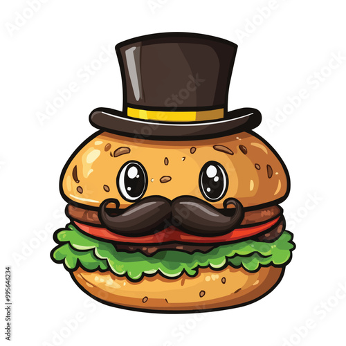 Vector Cartoon character of a hamburger with a mustache and top hat