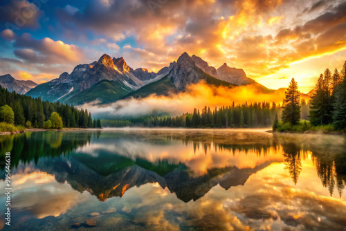 stunning mountain lake reflects vibrant tones during golden hour, with majestic peaks and lush forests surrounding tranquil water. scene evokes sense of peace and natural beauty