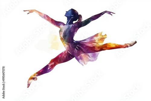 A vibrant watercolor illustration of a dancer in mid-leap, showcasing grace and artistic expression in motion. photo