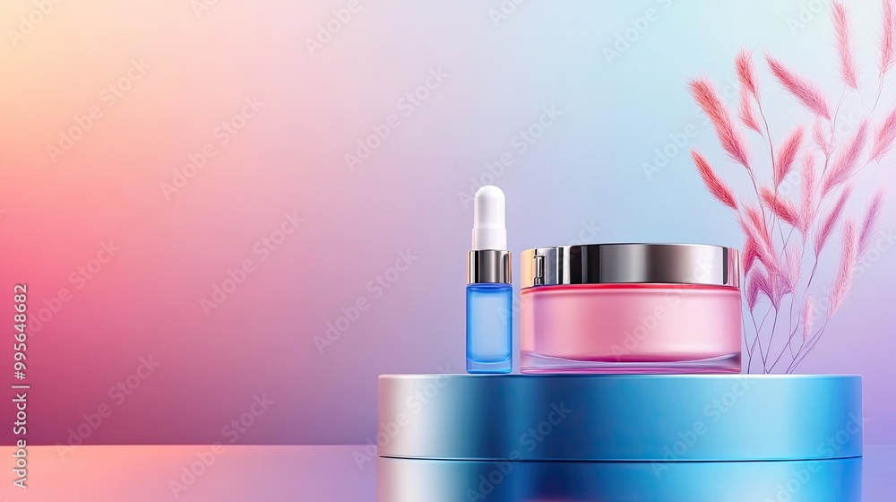 A vibrant display of skincare products, featuring a blue serum and a pink cream, against a soft gradient background. A vibrant display of skincare products, featuring a blue serum and a pink cream, against a soft gradient background.