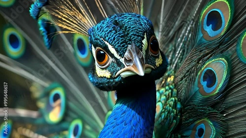 A peacock with vibrant blue feathers displays its plumage, showcasing the iconic eye patterns, in a close-up shot