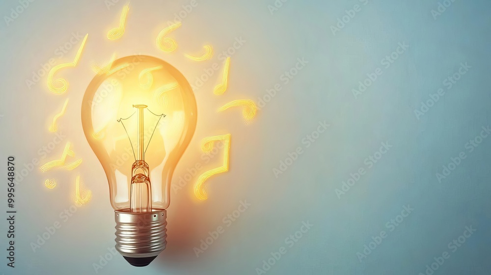 Electric light bulb with glowing musical notes swirling around it, surrounded by ambient light, representing the harmony of ideas and sound Electric light bulb with glowing musical notes swirling around it, surrounded by ambient light, representing the harmony of ideas and sound