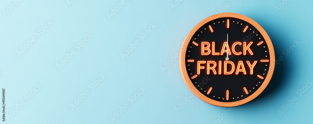 Fototapeta premium Clock displaying Black Friday sale time on a blue background.