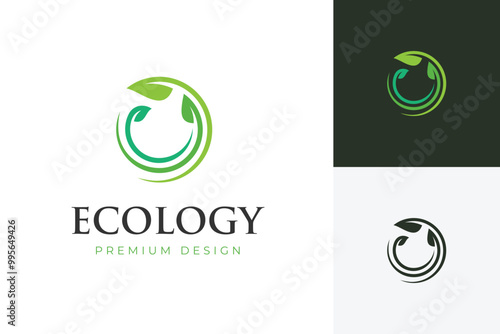 growing leaf logo icon design with circle round leaves, plant graphic element, symbol, sign for green Earth Day, nature globe and greening earth logo template