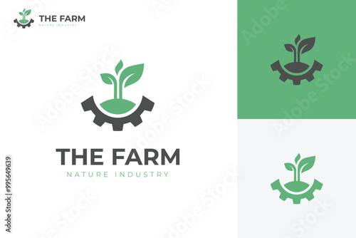 Growth plant logo icon design with cogwheel and leaf sprout graphic symbol vector illustration for farm industry modern logo