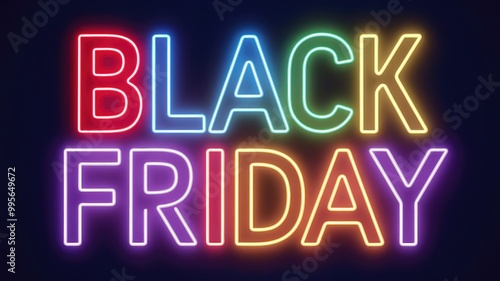 Text "Black Friday" glowing in colorfull neon lights at the black background. Great for advertising holiday sales, promotions, and exclusive discounts.