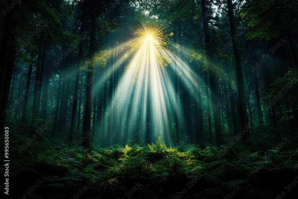 Fototapeta premium Beautiful beams of light shine through the canopy of a lush, green forest, casting an ethereal glow and creating a peaceful and magical scene in nature's heart.