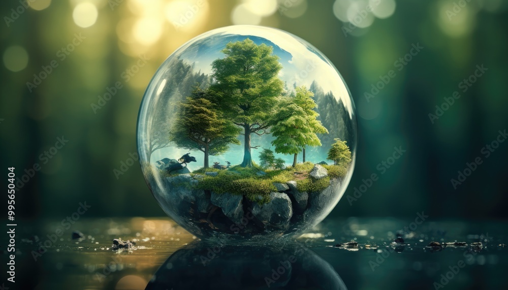 Glass ball with tree inside of it floating in body of water Glass ball with tree inside of it floating in body of water