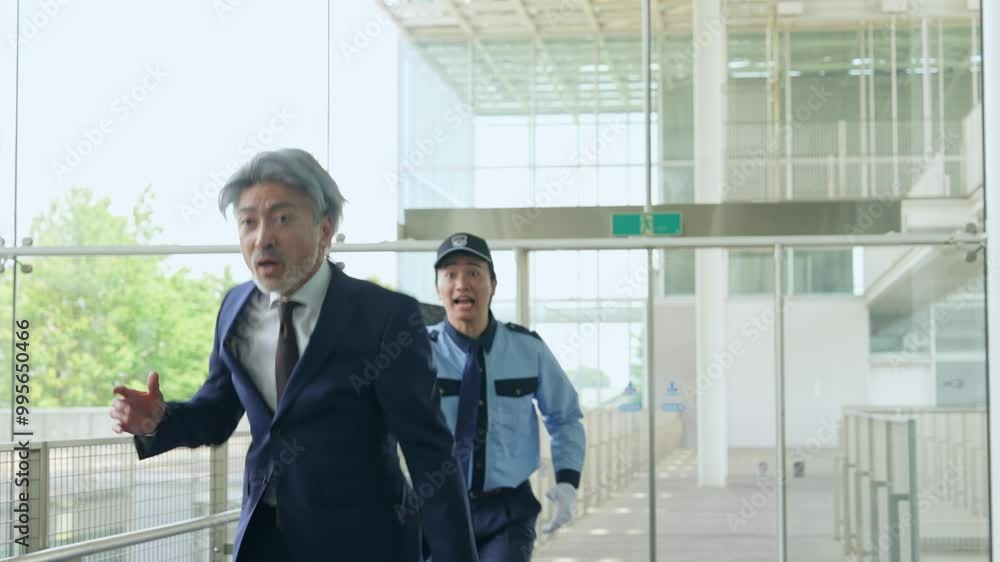 警備員に追いかけられるミドル男性ビジネスパーソン 警備員に追いかけられるミドル男性ビジネスパーソン