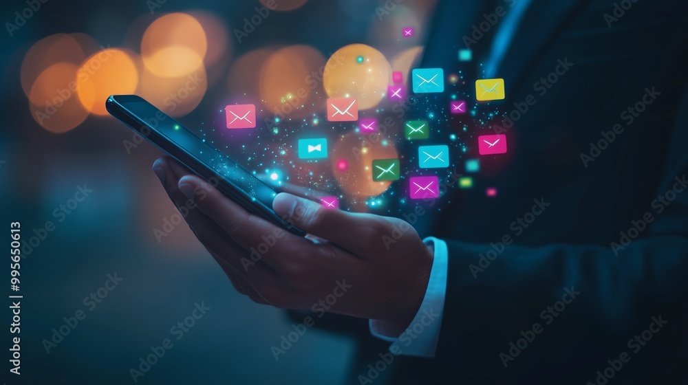 A businessman holds a smartphone with vibrant icons, conveying professionalism and customer support. A businessman holds a smartphone with vibrant icons, conveying professionalism and customer support.