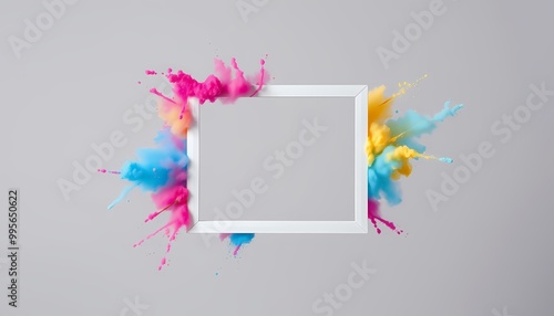 Minimalist White Frame with Dynamic Powder Clouds - Organized Chaos Against Gray