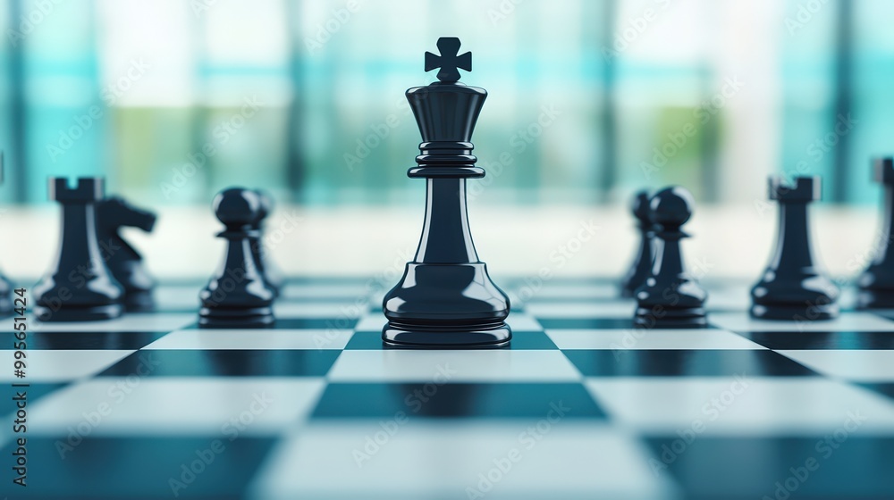 A chessboard in the foreground with strategic pieces advancing, against a sleek, modern office window with soft natural light filtering through, minimalistic, peaceful A chessboard in the foreground with strategic pieces advancing, against a sleek, modern office window with soft natural light filtering through, minimalistic, peaceful