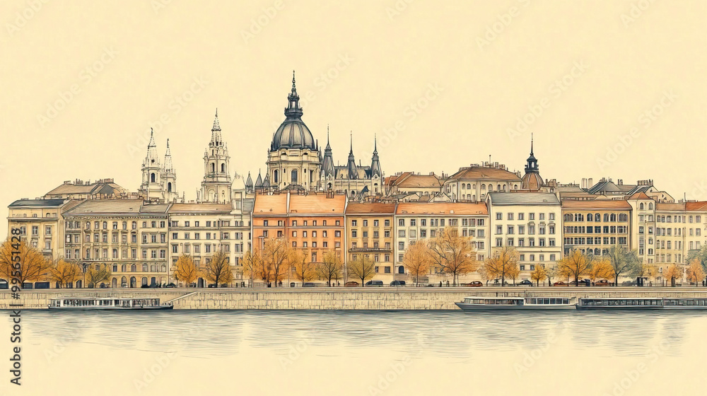 Obraz premium Budapest, Hungary, color pen pencil hand-drawn effect drawing illustration for travel poster, card, wallpaper, backdrop or banner. Modern, clear, artistic and simple