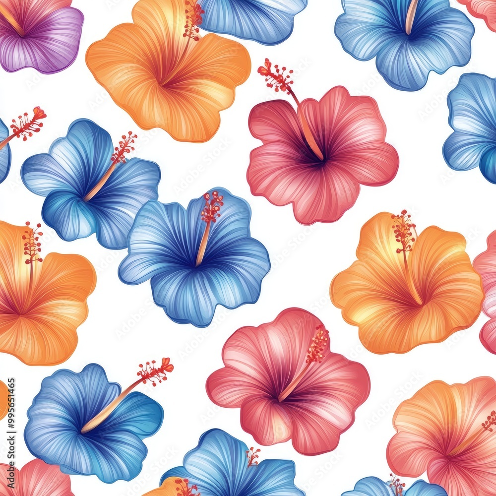A vibrant pattern featuring colorful hibiscus flowers in shades of blue, pink, orange, and red against a white background, perfect for tropical-themed designs. A vibrant pattern featuring colorful hibiscus flowers in shades of blue, pink, orange, and red against a white background, perfect for tropical-themed designs.