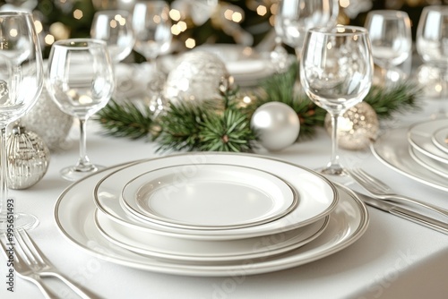 Wallpaper Mural Elegant holiday table setting with white plates wine glasses and evergreen decor creating a luxurious and festive dinner scene Torontodigital.ca