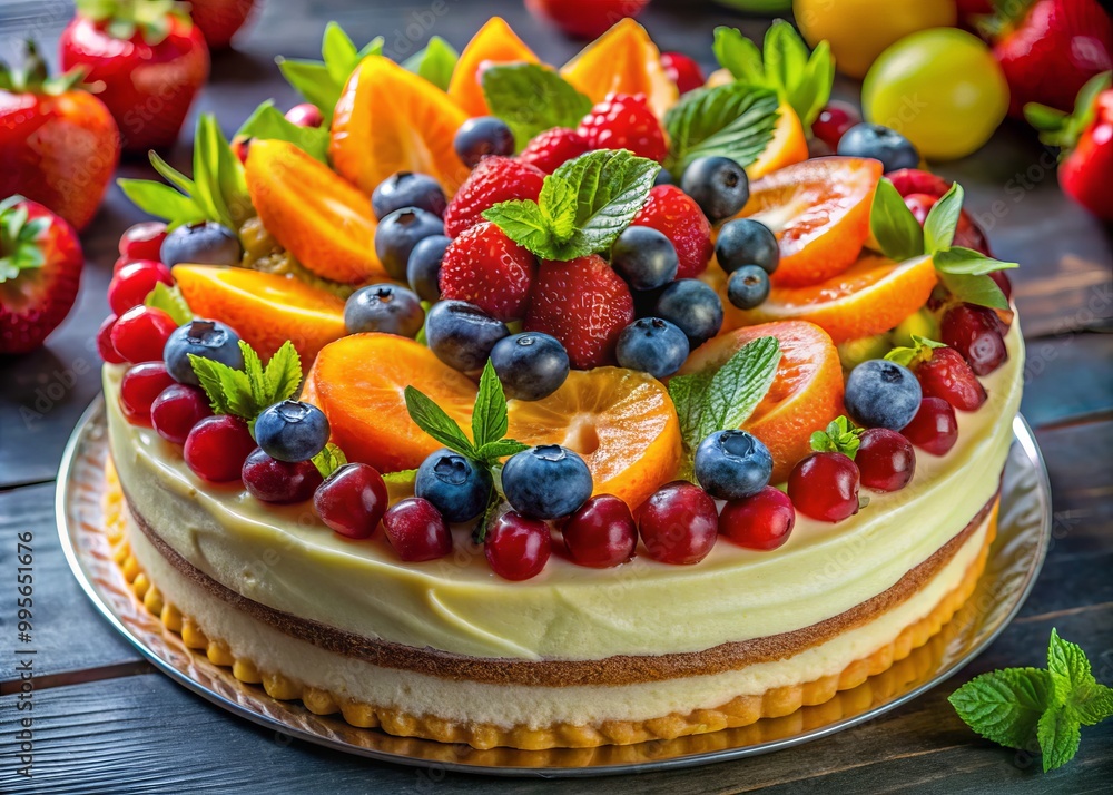 A delightful fruit cake bursting with colorful fresh fruits and a rich, creamy topping, making it the ideal A delightful fruit cake bursting with colorful fresh fruits and a rich, creamy topping, making it the ideal
