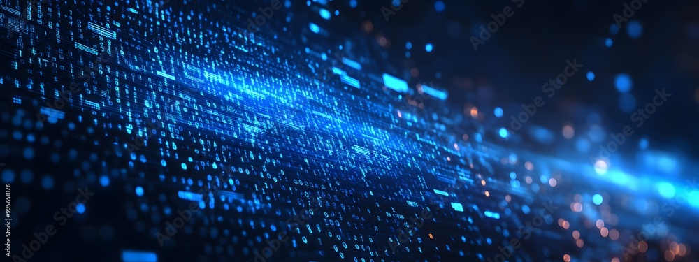 Digital background featuring blue glowing binary code, representing data technology and cybersecurity in a black space Digital background featuring blue glowing binary code, representing data technology and cybersecurity in a black space