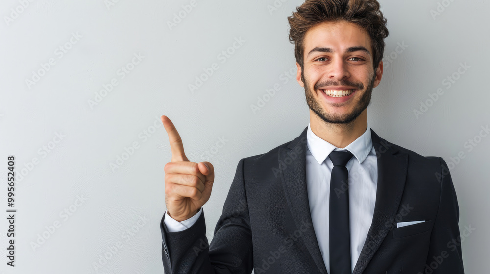 Handsome business man wearing suit with index finger pointing up isolated on white background Handsome business man wearing suit with index finger pointing up isolated on white background