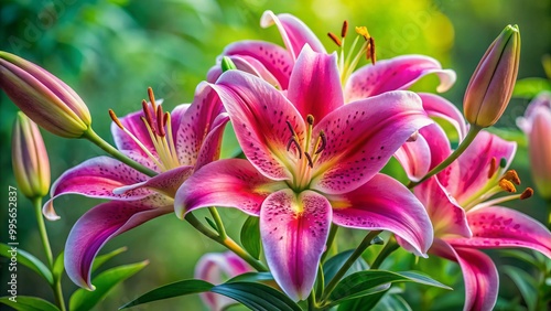 Against a soothing green background, a gorgeous Stargazer Lily displays its radiant pink petals, embodying the beauty