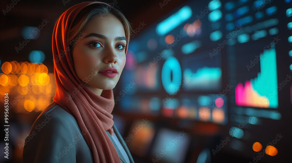 A focused woman in a hijab stands in front of digital displays, showcasing data and graphs in a modern workspace environment.