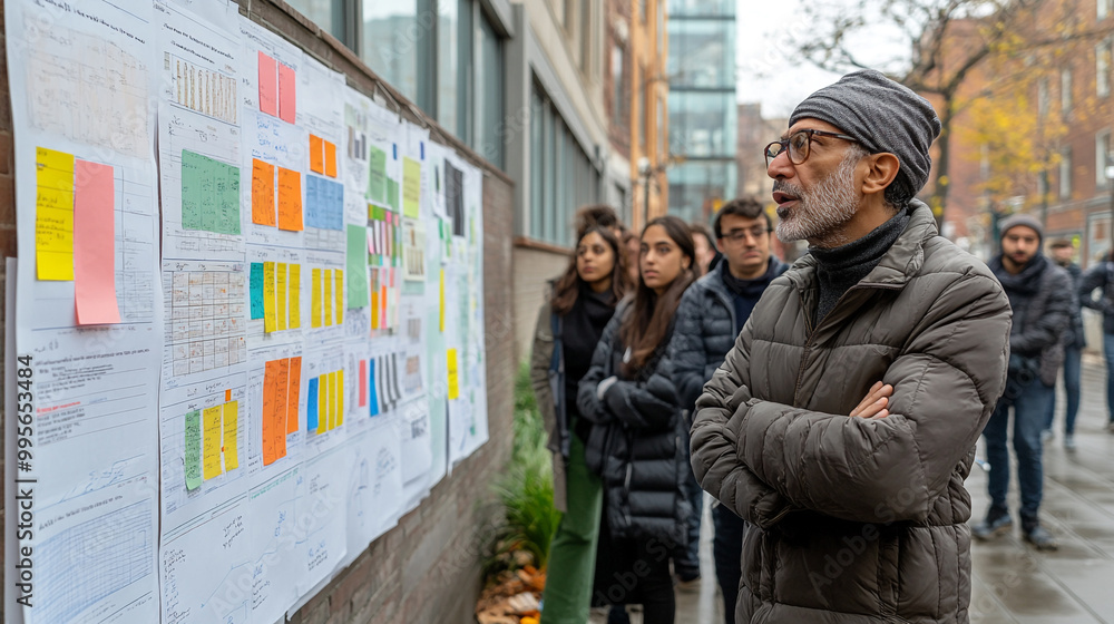 A group of people studying information on a poster displayed outdoors, engaged in a discussion about the content and ideas presented. A group of people studying information on a poster displayed outdoors, engaged in a discussion about the content and ideas presented.