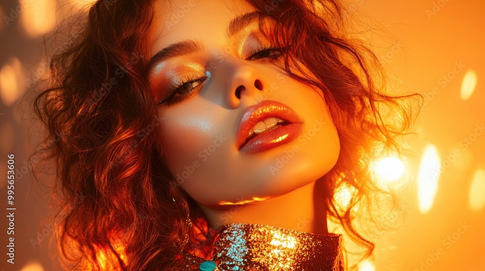 A captivating portrait of a woman with glowing skin and vibrant makeup, set against a warm, golden backdrop. A captivating portrait of a woman with glowing skin and vibrant makeup, set against a warm, golden backdrop.