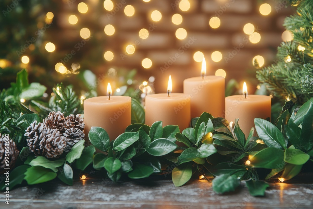 Bright white room with soft holiday lights and greenery placed on a wooden mantle creating a fresh and elegant holiday decor scene Bright white room with soft holiday lights and greenery placed on a wooden mantle creating a fresh and elegant holiday decor scene
